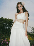 Elegant A line One Shoulder Sleeveless White Long Evening Party Gowns Evening Formal Dresses Prom Dress HZ1121