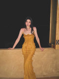 Elegant Mermaid Spaghetti Straps Sleeveless Long Evening Party Gowns Evening Formal Dresses Yellow Prom Dress HZ1121